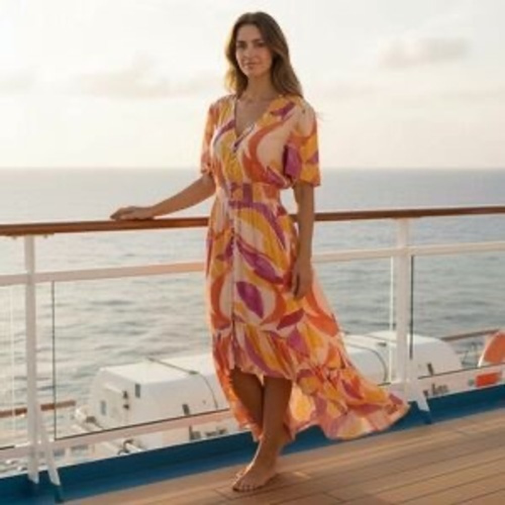 Abel the Label Anthropologie Orange Purple Tropical High-Low Midi/Maxi Dress L